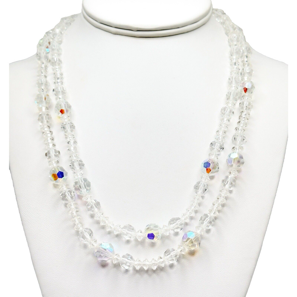 Vintage Lisner Aurora Borealis AB Clear Crystal Double Strand Necklace 18-20 "